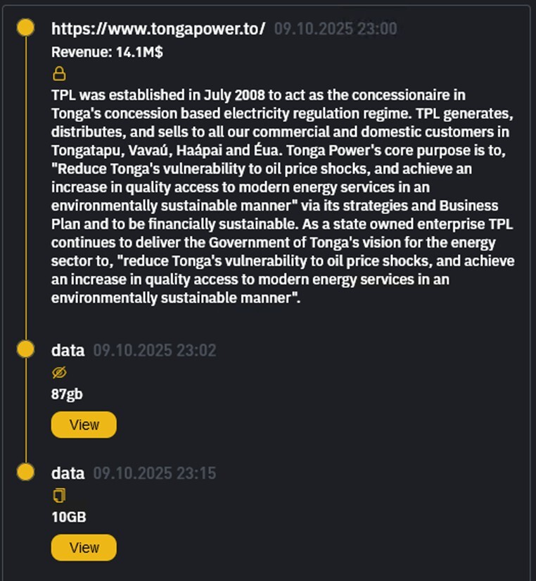 Figure 3. Inc ransomware attack claims against Tonga Power, Tonga’s state-owned electricity provider.