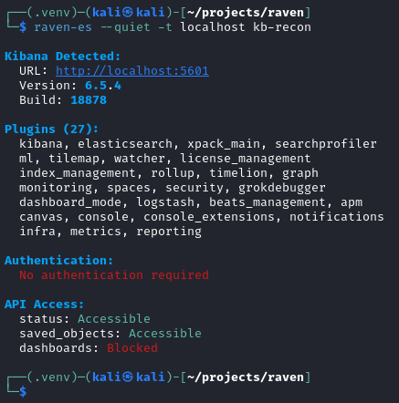 Figure 3. RAVEN kb-recon output showing version, 27 installed plugins, authentication state, and API access