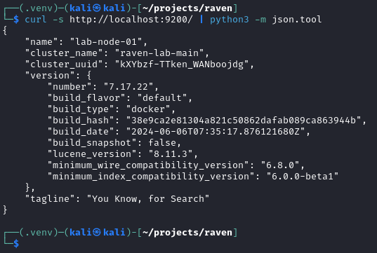 Figure 3. Raw curl output from the Elasticsearch root endpoint. The version is buried in a nested JSON structure