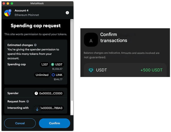 Figure 3. Wallet confirmation overlay displaying fabricated incoming values of +500 USDT.