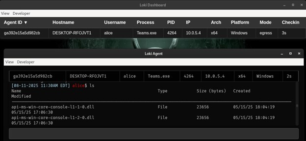 Figure 30. The Loki client is used to connect to the victim machine, while the ‘ls’ command is used to run to list files