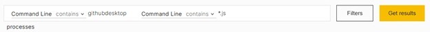 Figure 36. Query for command lines including githubdesktop and .js
