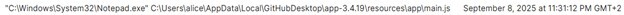 Figure 37. Resulting notepad.exe modification of the main.js activity found