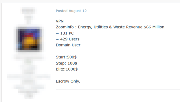Figure 4 Actor advertises access to energy-field company on the Dark Web forum