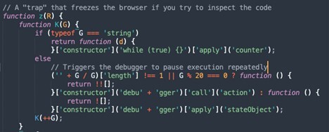 Figure 4. A defensive mechanism to detect when browser’s Developer Tools are open, triggering the debugger to pause execution.