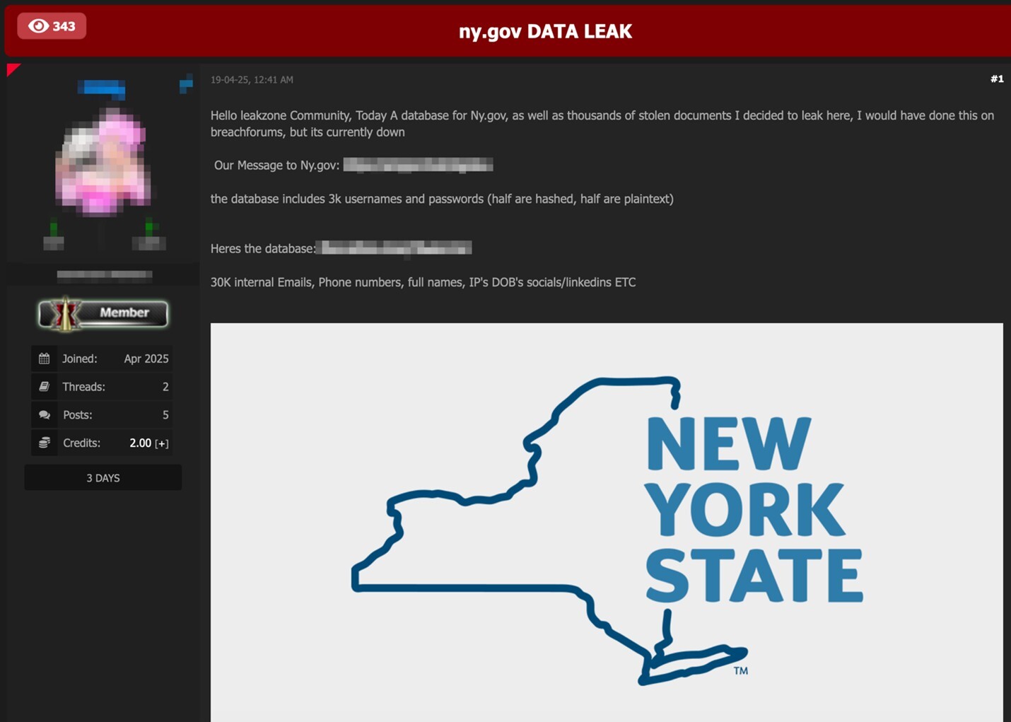 Figure 4. A threat actor offers data obtained from a claimed breach of the NY state website