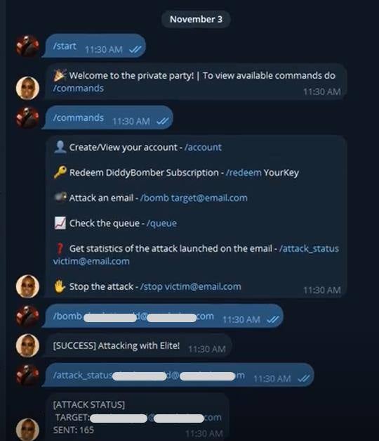Figure 4. DiddyBomber Telegram usage commands.