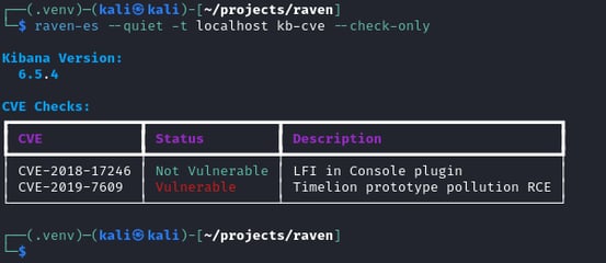 Figure 4. Kibana CVE check showing CVE-2019-7609 as vulnerable and CVE-2018-17246 as patched on version 6.5.4