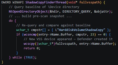 Figure 4. Routine that continuously looks for newly created shadow copies to detect when Defender reaches a specific processing stage.