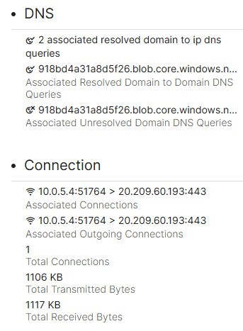 Figure 40. DNS resolution and outgoing connection to the Azure Blob Storagesubdomain