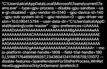 Figure 41. Command line of teams.exe process using the –user-data-dir parameter.