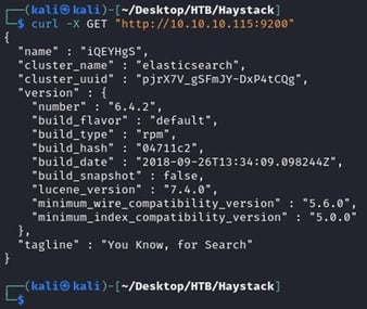 Figure 42. A `curl` command execution on port 9200 to discover an Elasticsearch instance