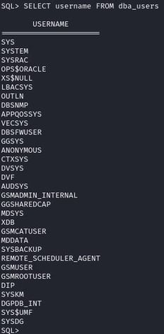 Figure 49. Obtain a list of all Oracle DB available user accounts via SQL shell-1