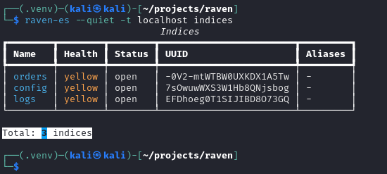 Figure 5.  Index listing after deletion three indices remain, but the users index is permanently gone