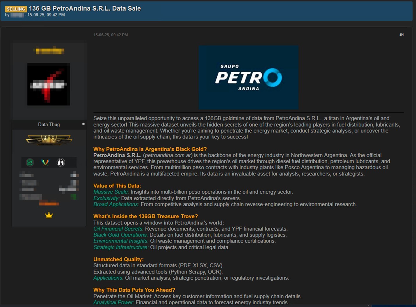 Figure 5. Threat actors are selling 136GB worth of data they claimed to have obtained by hacking into an Argentina-based energy company