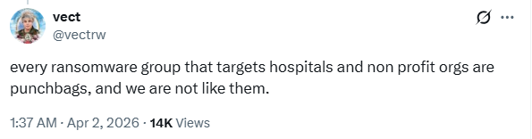 Figure 5. Vect’s X post claiming that it does not target hospitals or non-profit organizations