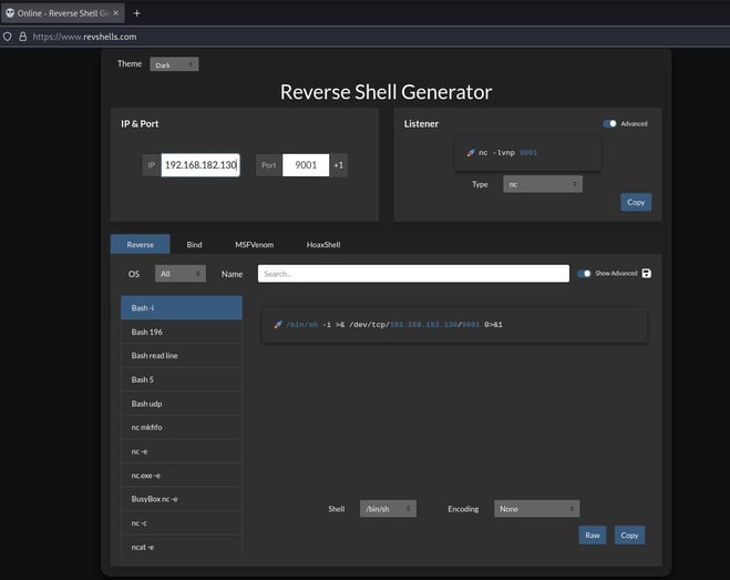 Figure 57. Reverse shell generator used for this simulation