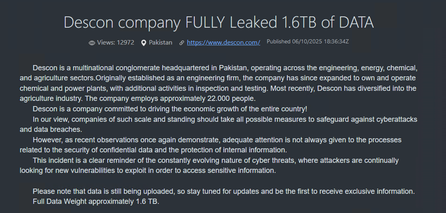 Figure 6. A dark web forum post about the leaked data of a multinational conglomerate operating across different industries, including the energy sector