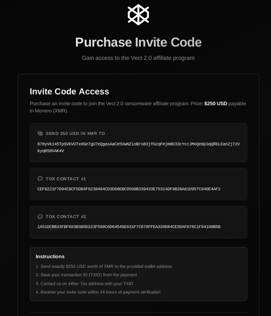 Figure 6. Invite code access instructions on Vect’s leak site