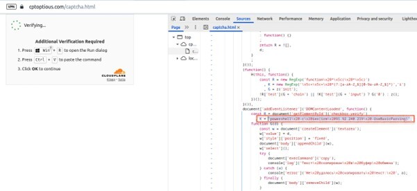 Figure 6. Obfuscated JavaScript in CAPTCHA.The HTML contains the initial PowerShell command that downloads and executes the malicious loader script.
