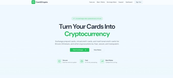Figure 6. The image depicts the homepage of Card2Crypto, an online platform that facilitates the exchange of prepaid cards, virtual credit cards, and traditional credit cards for cryptocurrencies.