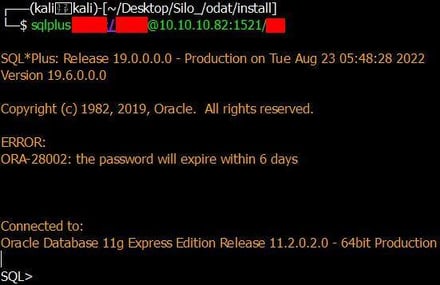 Figure 60. Obtain SQL shell access to the Oracle DB target on the Silo CTF machine