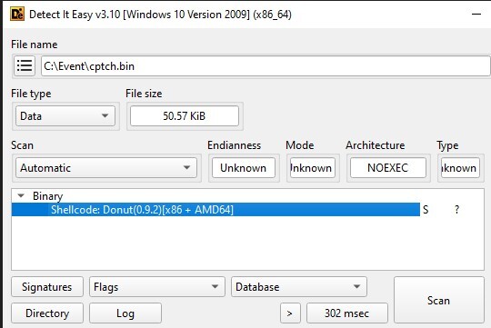 Figure 7. Detect It Easy analysis revealing cptch.bin as position-independent shellcode (Donut loader) with embedded payload