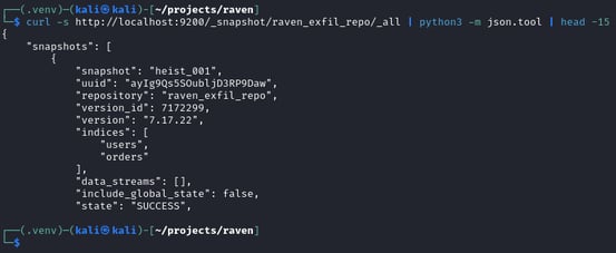 Figure 7. Server-side verification confirming snapshot heist_001 with SUCCESS status and included indices