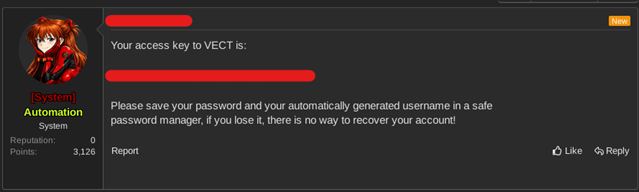 Figure 7. Vect access key delivered automatically upon registration onat BreachedForums.