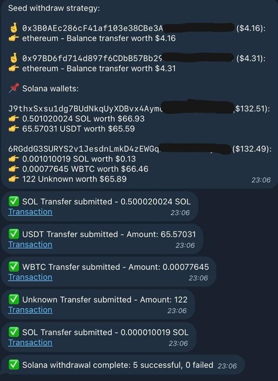 Figure 8. Drainer operator’s log showing extraction of SOL, USDT, WBTC, and other tokens.