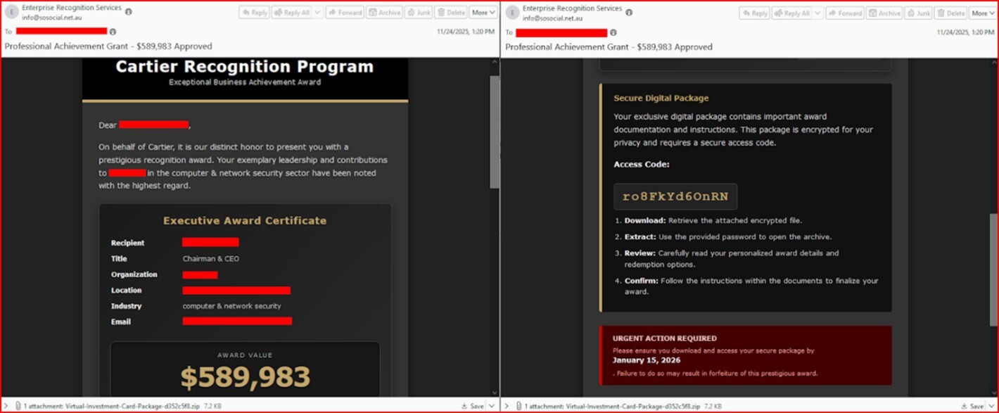 Figure 8. Executive reward-themed gift card lure demonstrating campaign evolution from government to corporate social engineering.