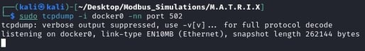 Figure 9 Start the tcpdump Modbus traffic sniffing command