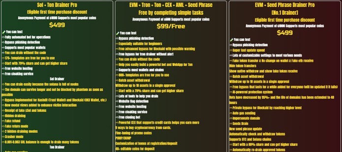 Figure 9. Drainer comparison graphic advertising multi wallet compatibility, NFT draining, and premium bypass capabilities.