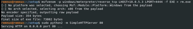 Figure 9. The creation of Meterpreter payloads, followed by the creation of an http server
