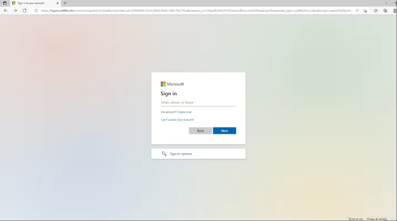 Fraudulent login page displayed to victim from built-in Evilginx2 O365 phishlet
