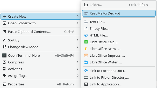It will also alter the new file creation dialog, adding an option to drop a ransom note to the folder