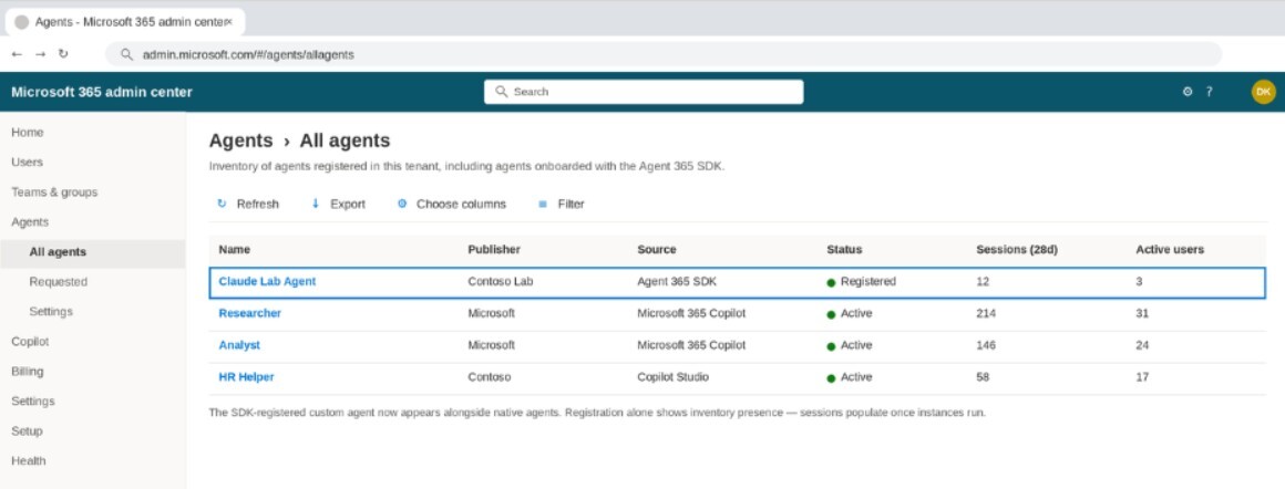 Figure 4 — The SDK-registered custom agent listed in M365 admin center