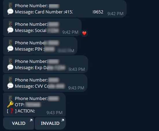 Figure 4. Screenshot of VoicePhishing’s Telegram bot interface used to collect sensitive data from victims.