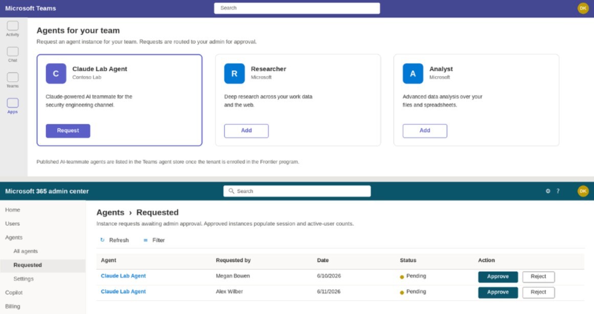 Figure 5 — The published AI teammate in the Teams agent store (top) and its instance requests awaiting admin approval in Agents