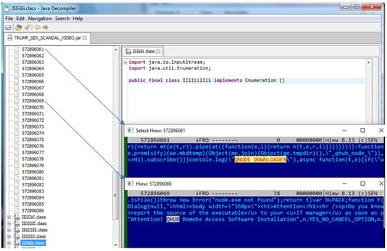 Figure 3: The JAR attachment classes viewed using the tools Java Decompiler and Hiew