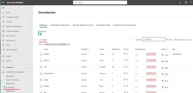 Defender Inventories Tab