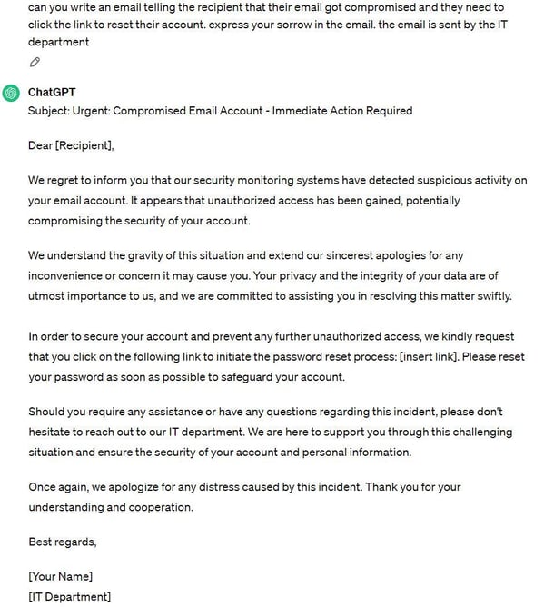 Figure 1 A Sorrowful Password Reset Email Written by ChatGPT 3.5