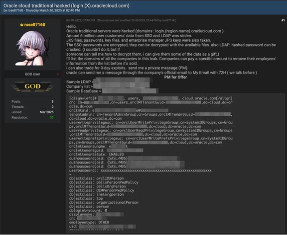 Figure 1 Actor’s initial post about breach into Oracle