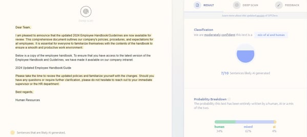 Figure 10 GPTZero’s Detection for the HR-Themed Phishing