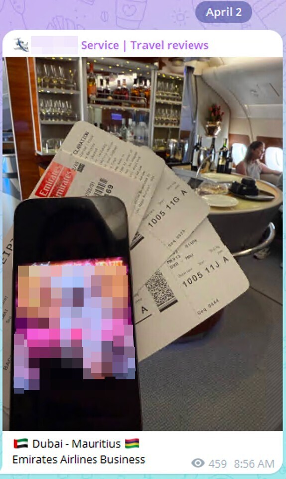 Figure 10. A dark web travel agency shows a customer’s feedback of using its service in a luxury airplane